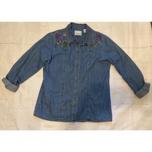Vintage Jean Jacket Shirt Women's Large Denim‎ Floral Embroidered Accent